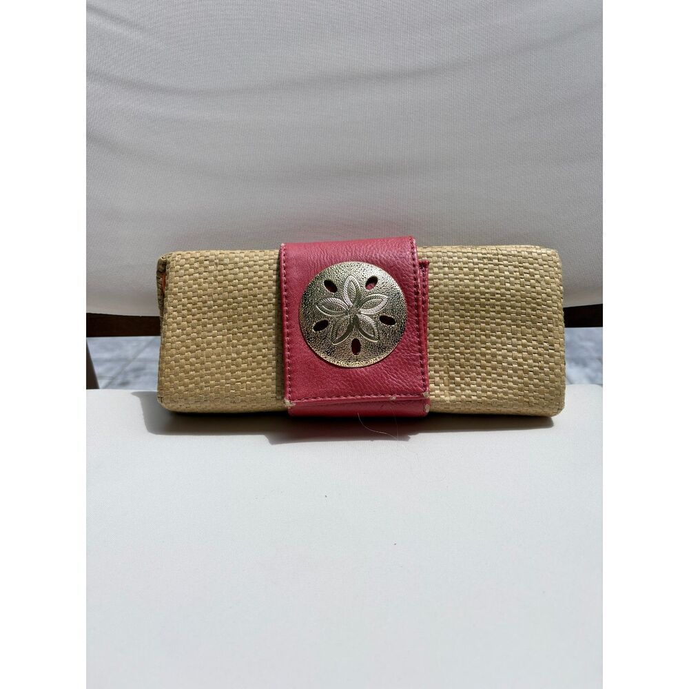 Mud Pie Woven Straw Clutch Wallet Pink Faux Leather Sand Dollar Accent